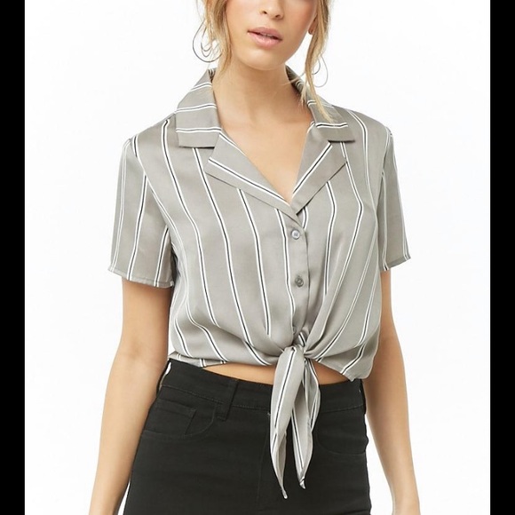 Forever 21 Tops - Grey Striped Tie Front Blouse